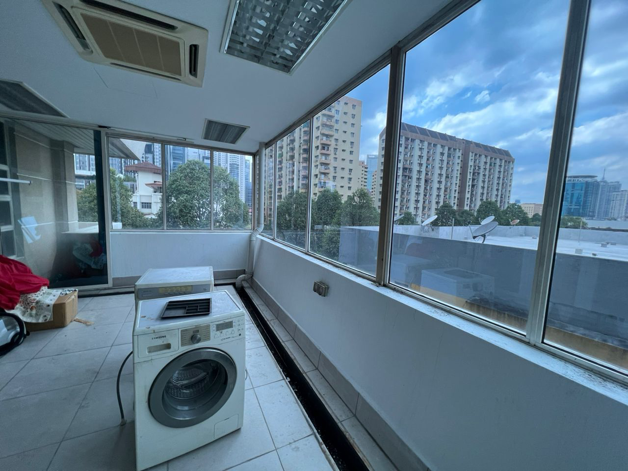 Apartment balcony glazing with city view